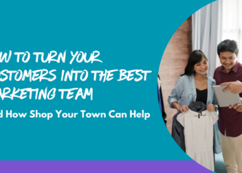 A group of happy customers looking at a tablet while shopping, symbolising customers promoting a local business as a marketing team.